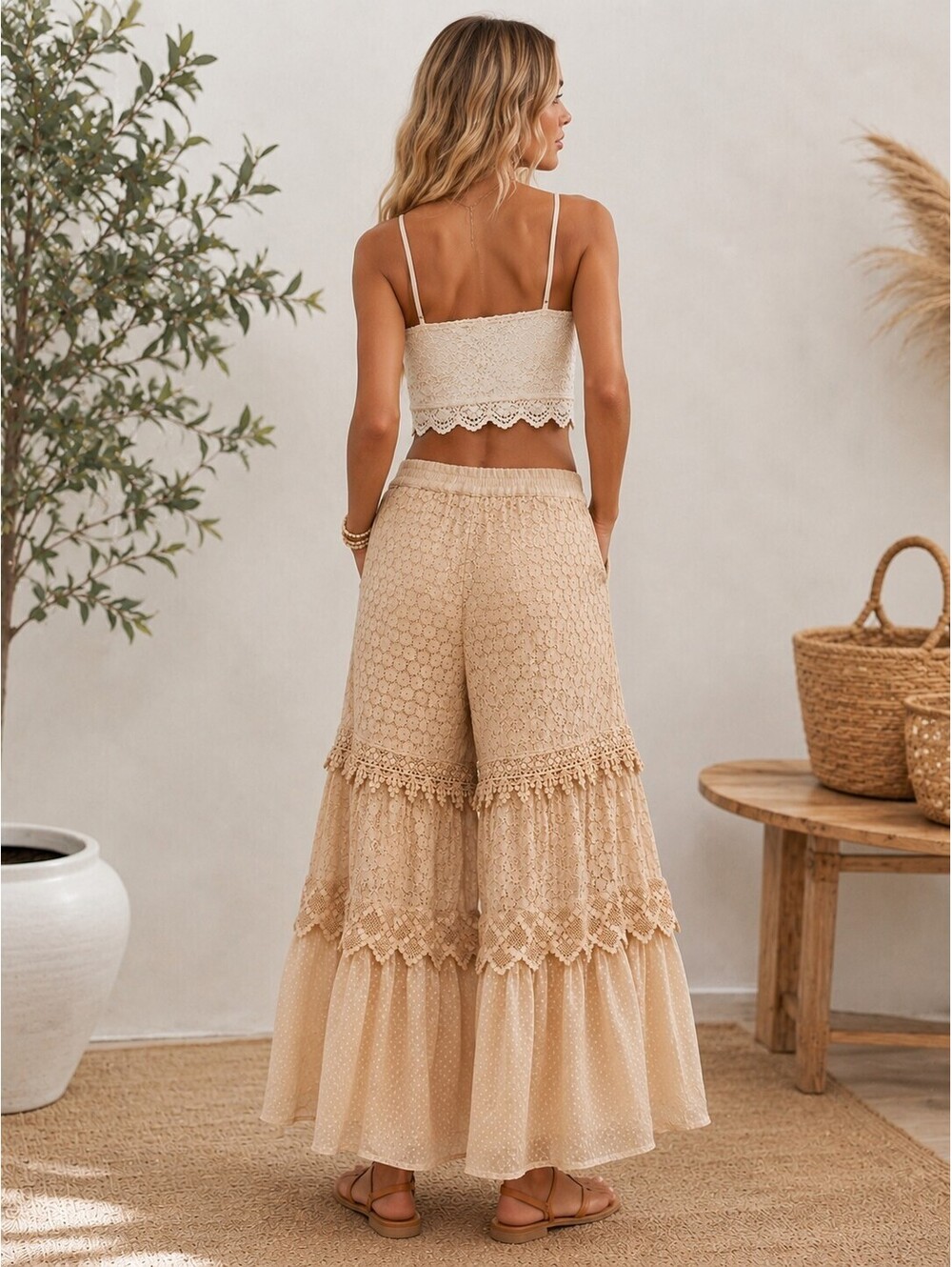 YOUNG THREADS Desert Dream Cloud Lace Wide Leg Pants Natural NWT Small - Picture 5 of 6